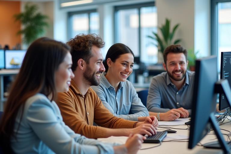 Įvairiakultūrė profesionalų komanda dirbanti moderniame biure, atspindinti Nidos Krantai daugiakalbystę ir tarptautinę patirtį.